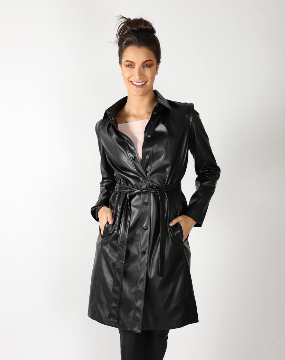 Long leatherette trench coat