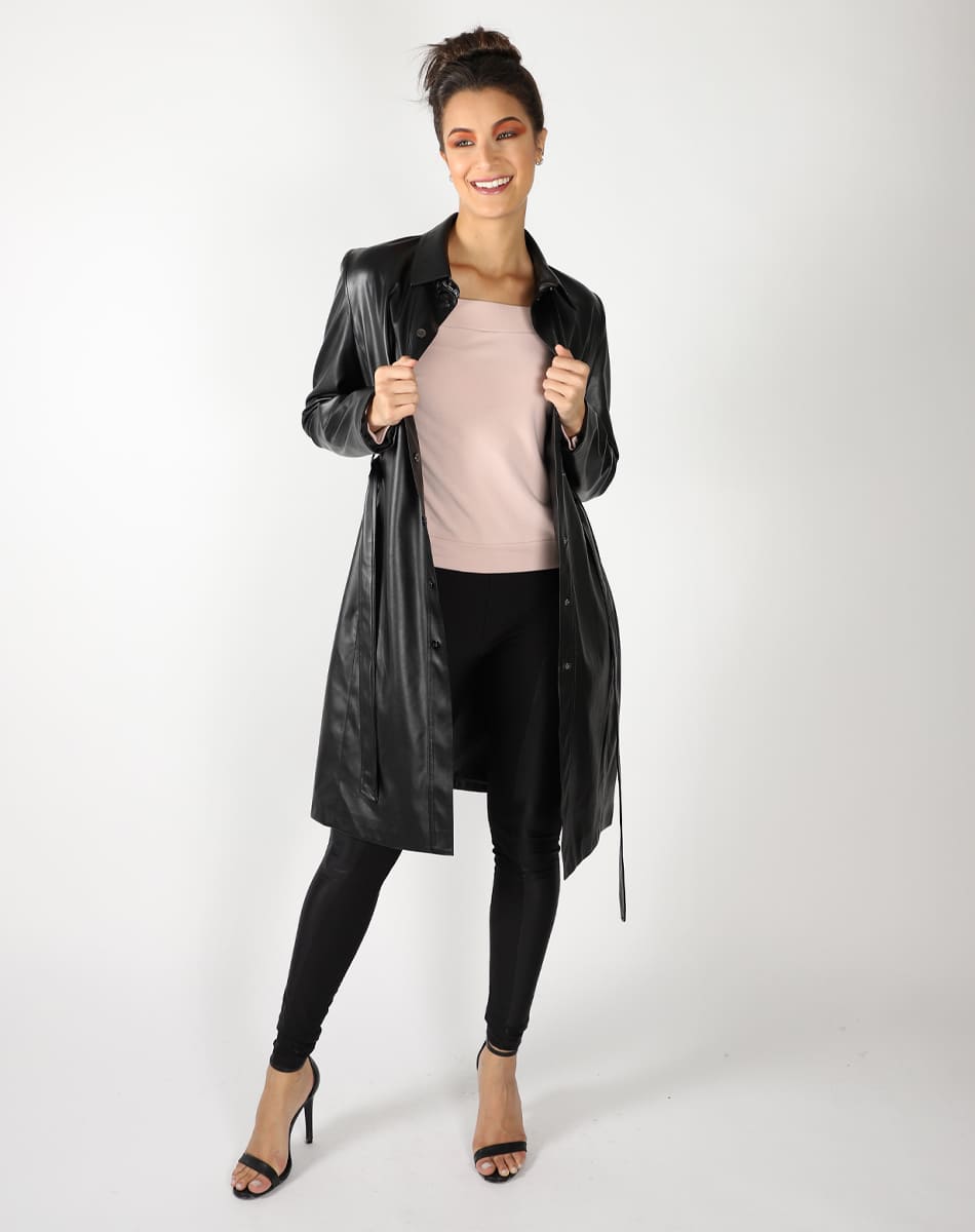 Long leatherette trench coat